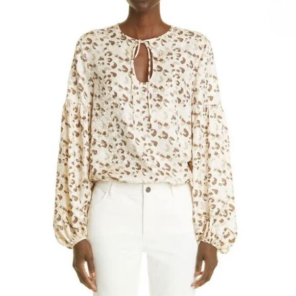 Lafayette 148 New York Lupe Leopard Print Silk Blouse in Raffia XS - Picture 1 of 15